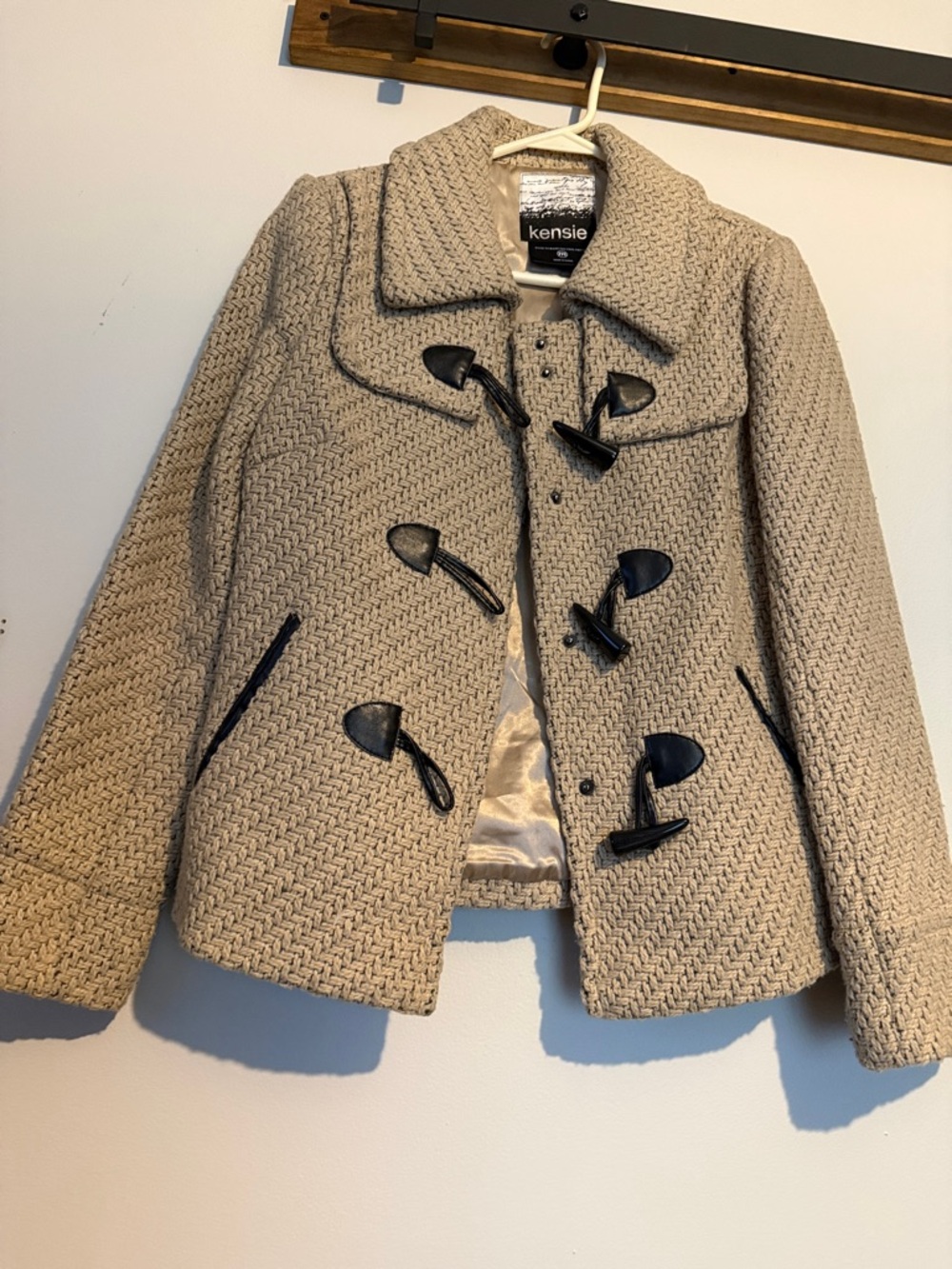 Kensie Beige Knit Toggle Pea Coat with Black Accents